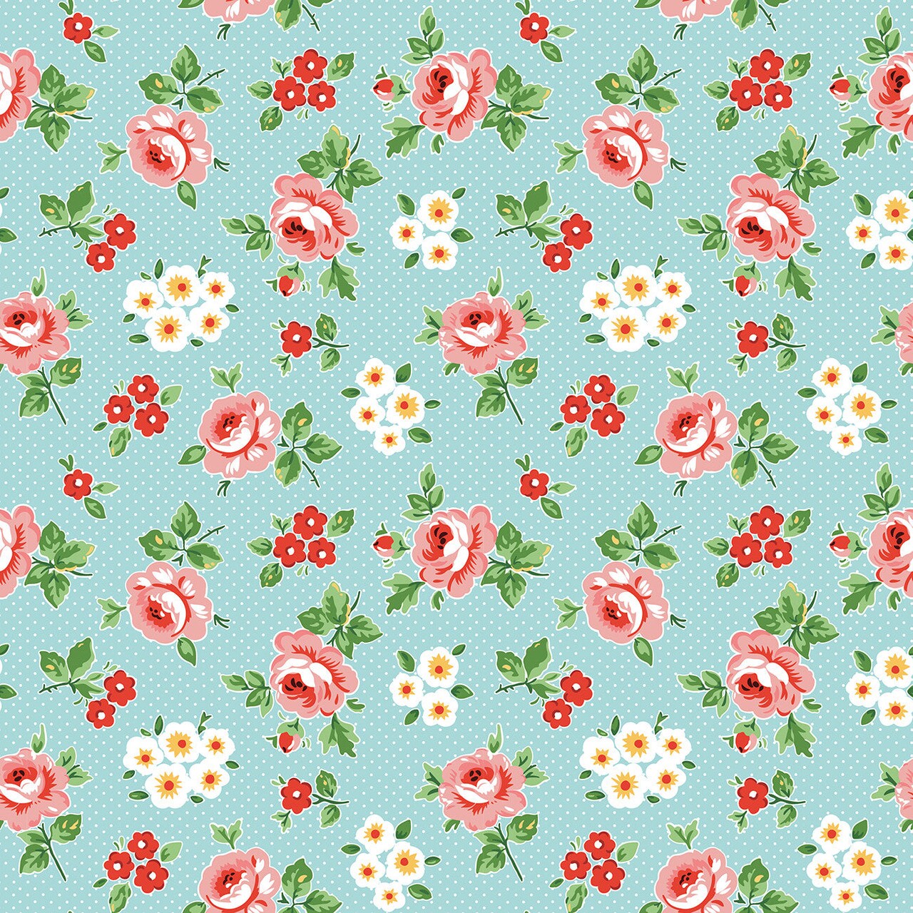 Fabric Poppie Cotton Blue Hand Picked Flower Market by the Quarter Yard FM25407